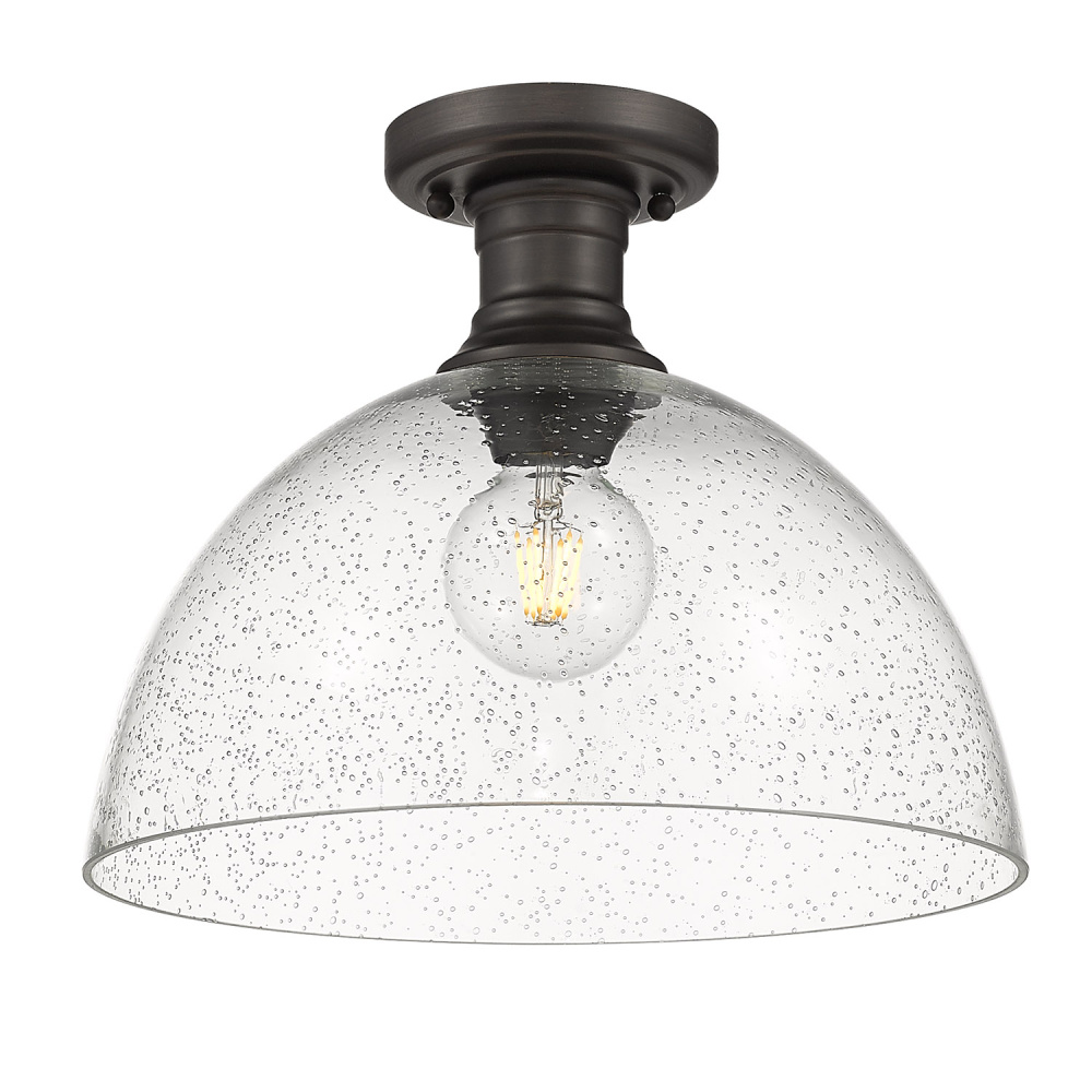 Yep by Golden Lighting Hines 1-light 14 in Semi-Flush Mount in Rubbed Bronze and Seeded Glass